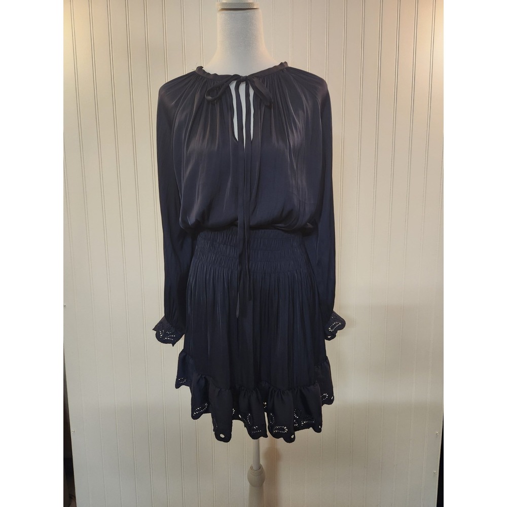 Sfera Women  Navy Satin Smock Waist Eyelet Hem & Cuff Mini Dress Size S Silky